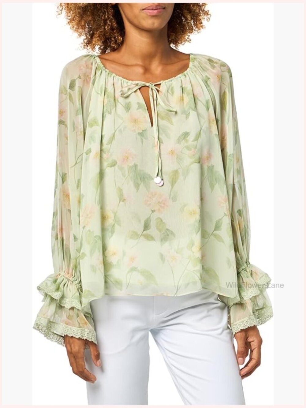 Floral Sheer Chiffon Blouse with Tie Front